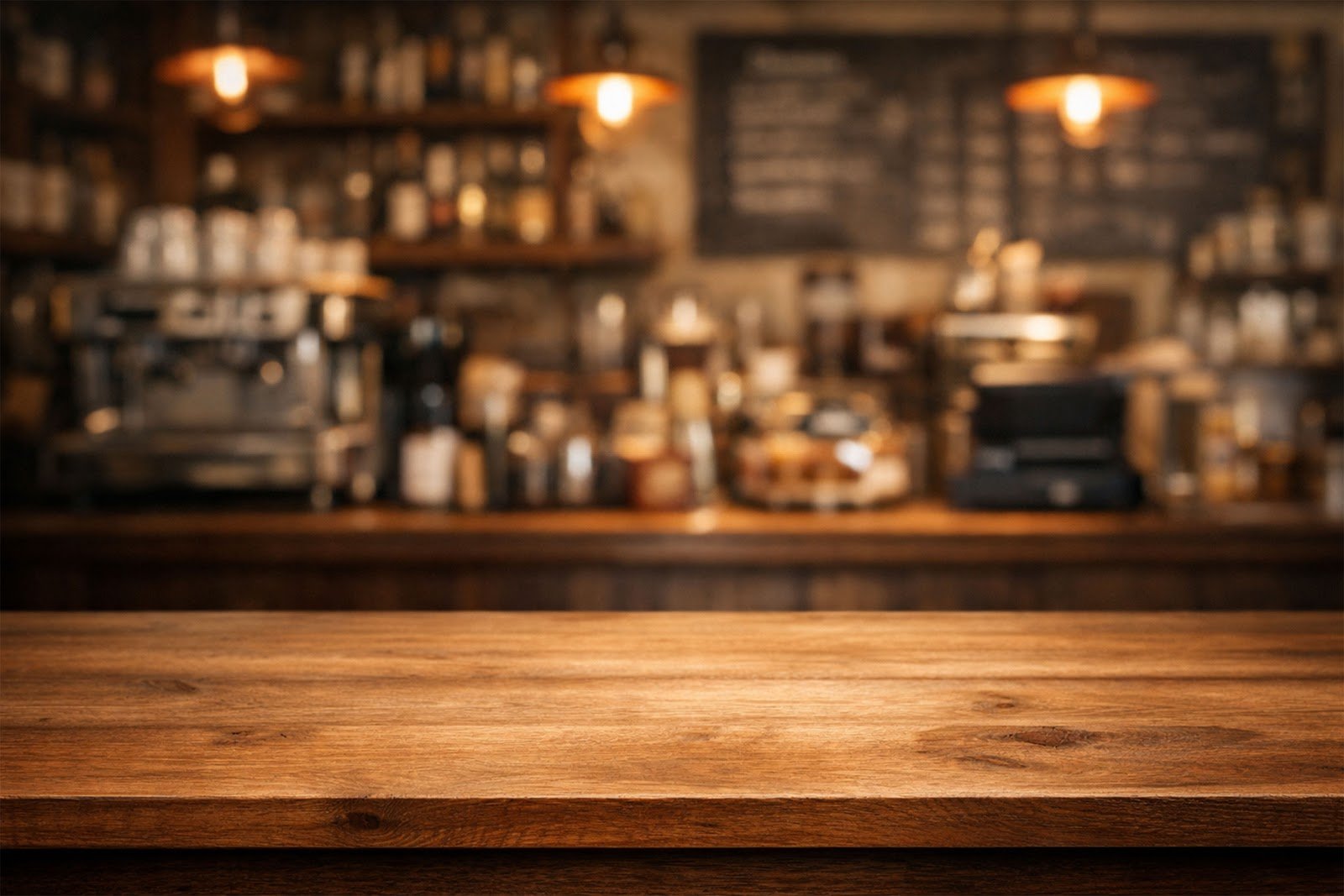 Wooden Table Mockup with Blurred Vintage Café Counter Background – High Resolution Product Display Download