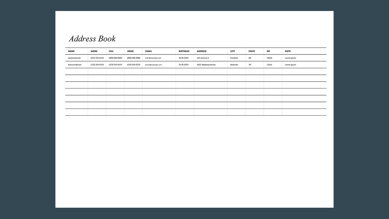 Address book - Excel Templates Free Download
