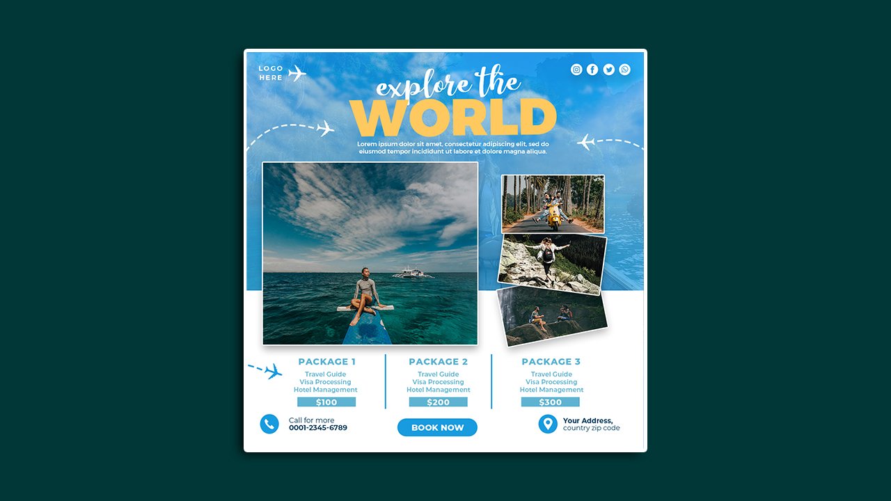 Explore world travel agency social media poster template – PSD File Free Download