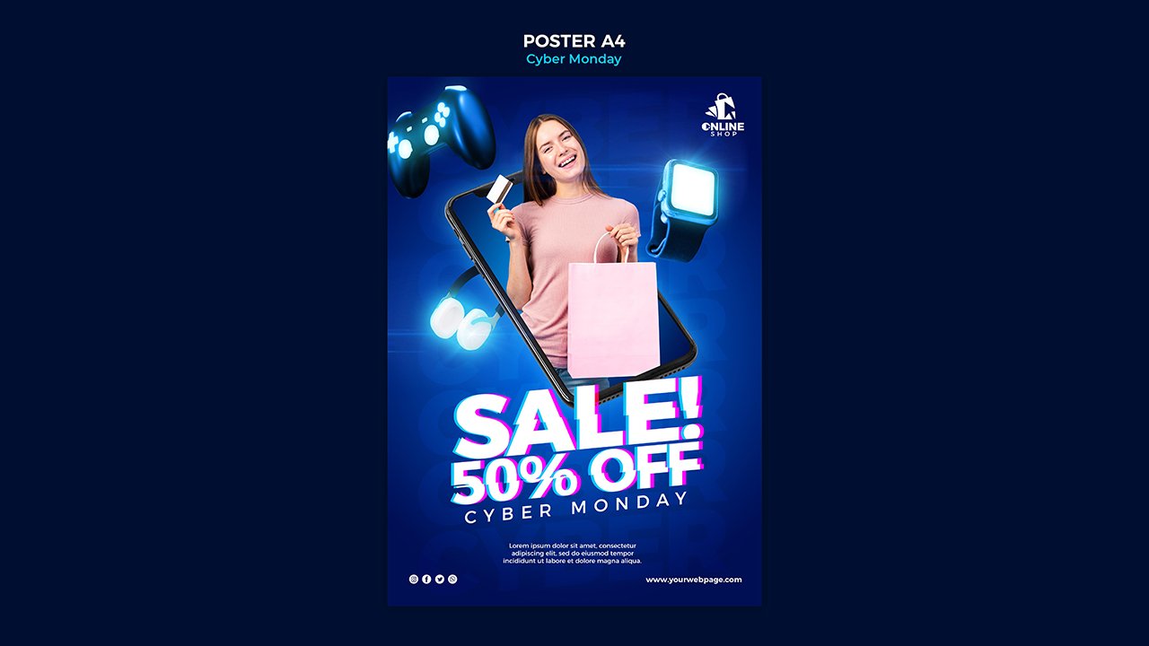 Vertical poster template cyber Monday with woman items - PSD Free Download