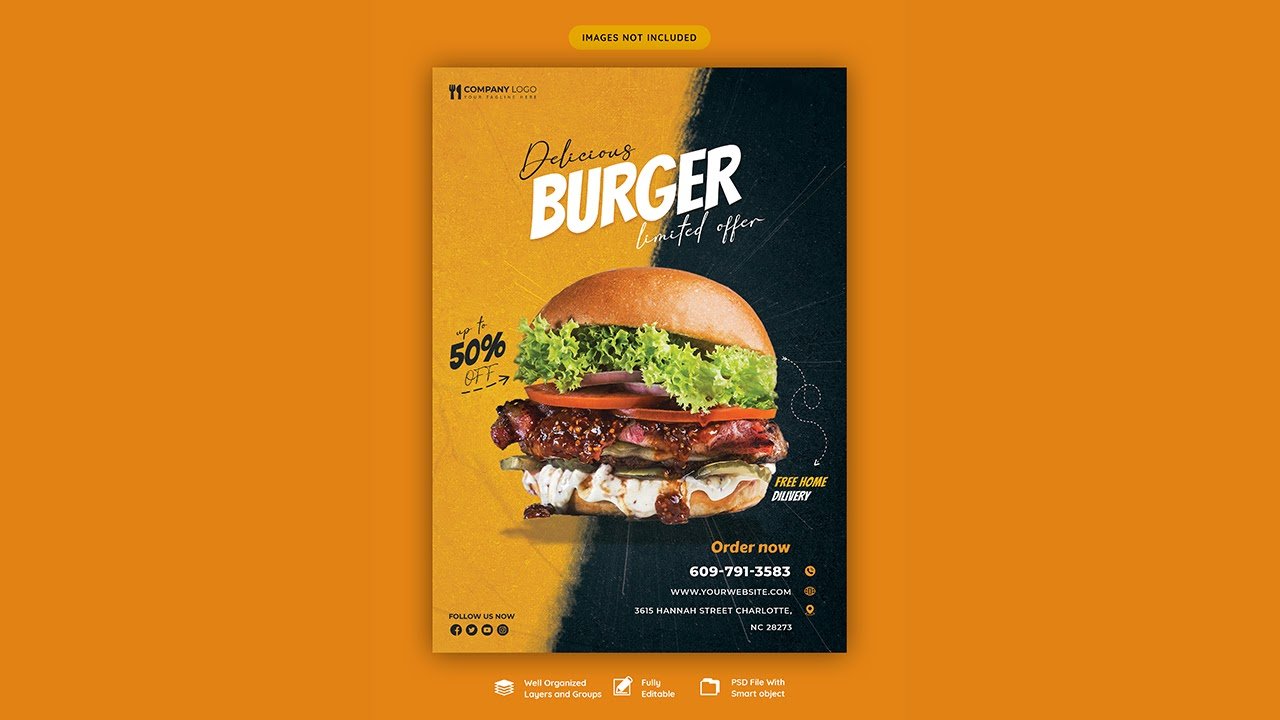 Delicious burger food menu flyer template – PSD Free Download