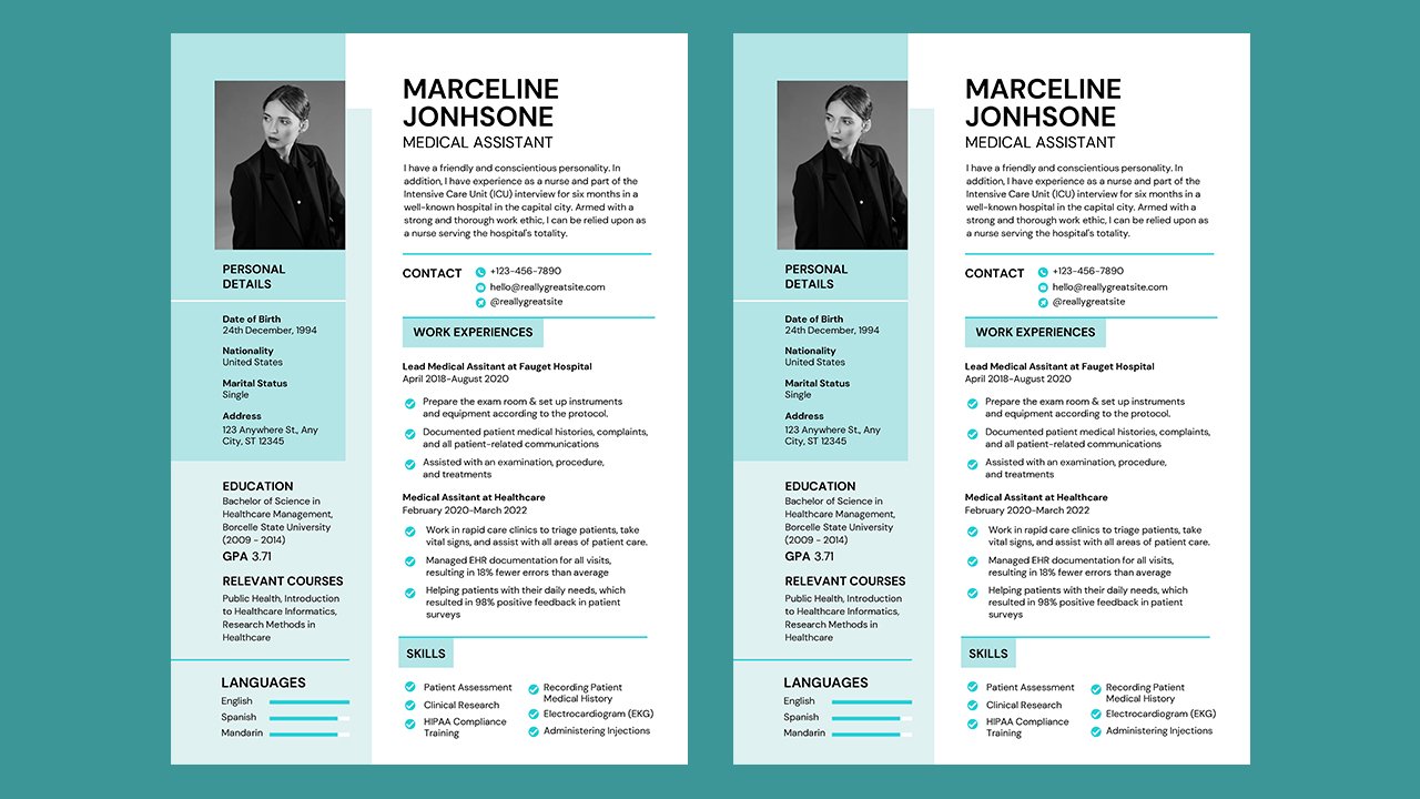 White Turqoise Creative Simple Medical Personnel Nurse Resume - CV Templates Free Download