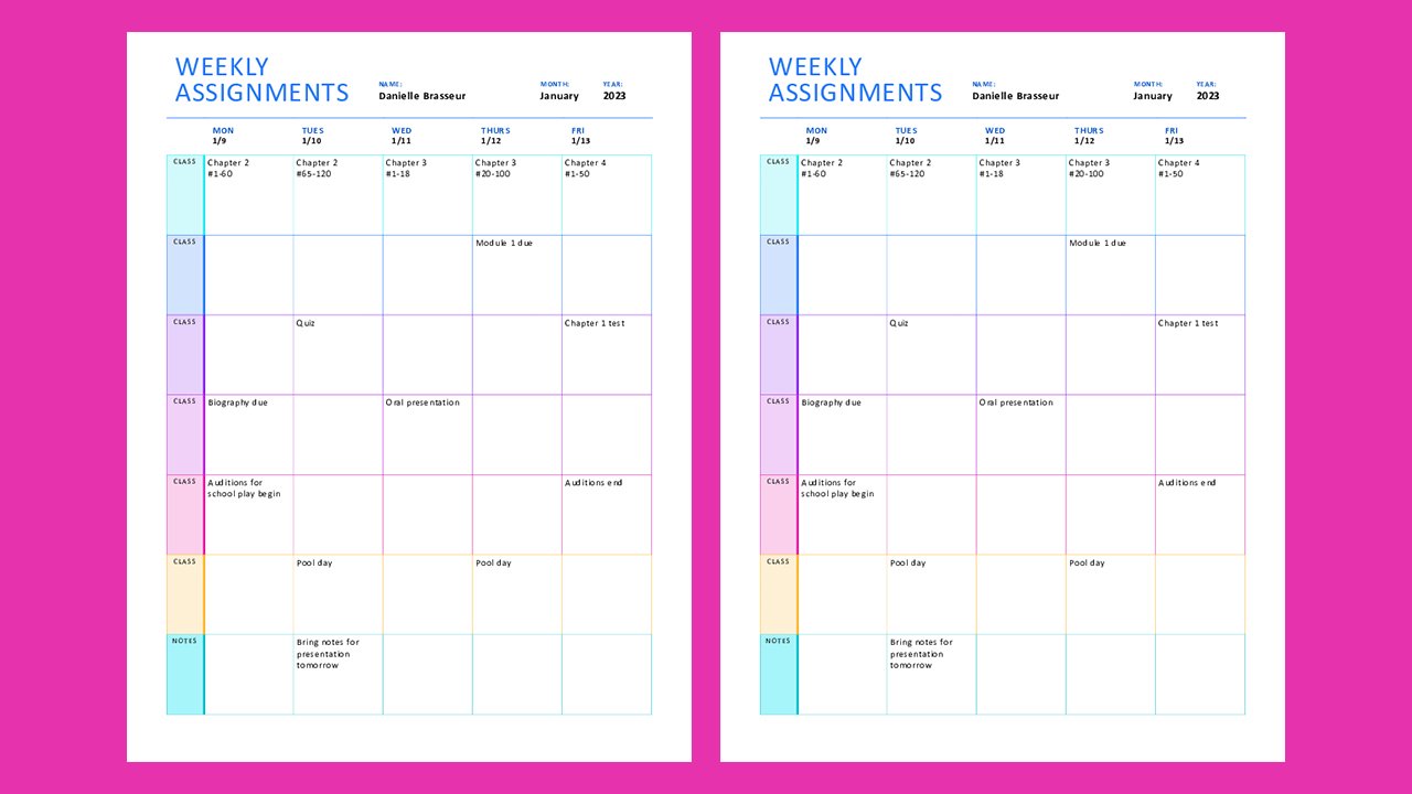Free Weekly assignment sheet color Concept Word document templates - Microsoft Word Templates Free Download