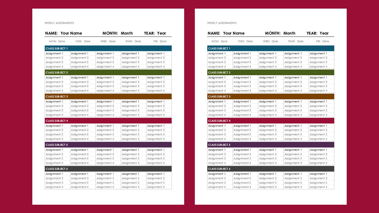 Free Weekly assignment calendar Concept Word document templates - Microsoft Word Templates Free Download