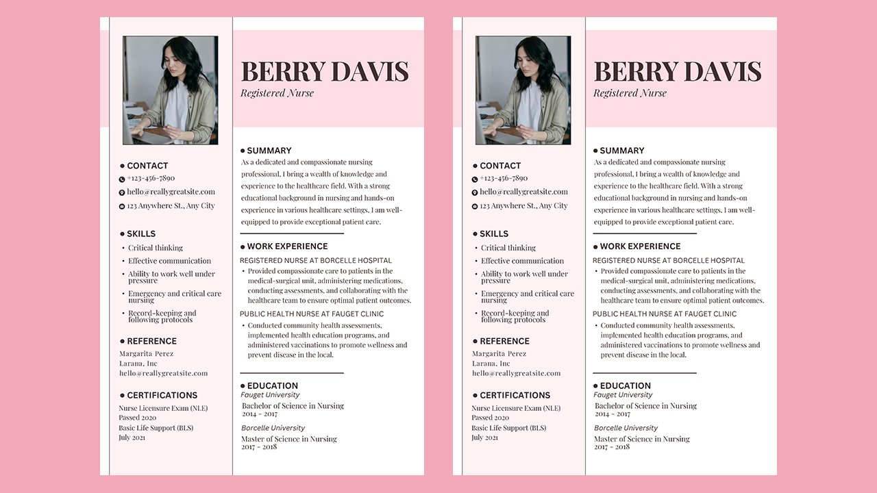 Pink Simple Modern Photo Nursing Resume – CV Templates Free Download