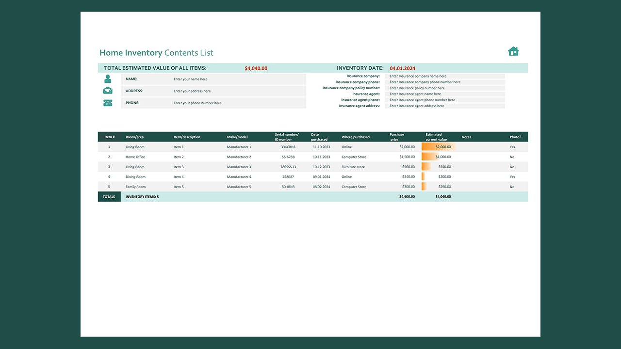 Home inventory - Excel Templates Free Download