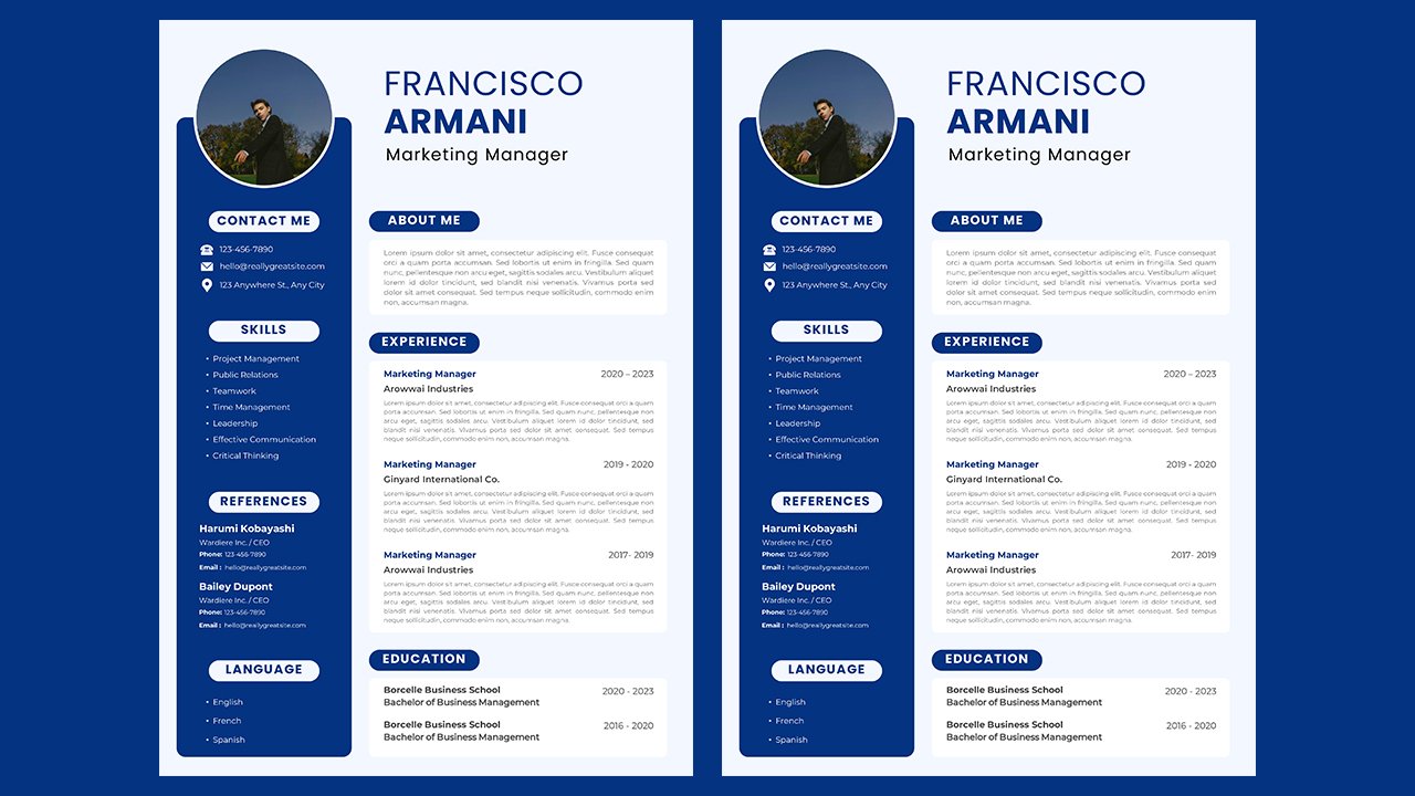 Blue and White Simple Marketing Manager Resume – CV Templates Free Download